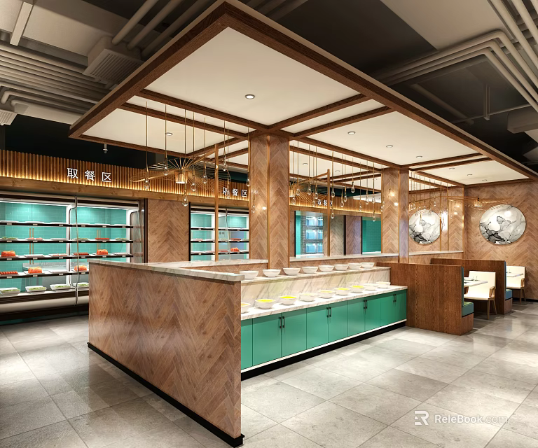 Hotpot Restaurant Interior Design With Wooden Counter Green Cabinets And Fresh Ingredients 3d model 