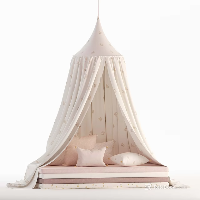 Light Pink Canopy Children's Bed With Star Patterns And Soft Pillows 3d model