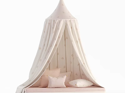 Light Pink Canopy Children's Bed With Star Patterns And Soft Pillows 3d model