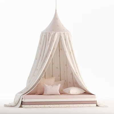 Light Pink Canopy Children's Bed With Star Patterns And Soft Pillows 3d model