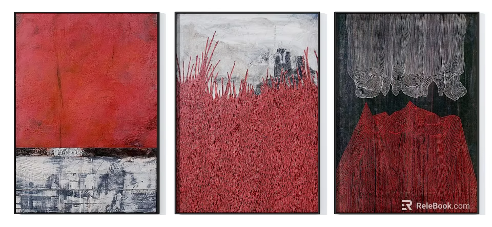 Abstract Art Paintings With Red Textures And Black Frames On Wall 3d model