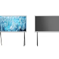 Two TVs on Tripod Stands with Blue Forest Snow Scene and Black Screen