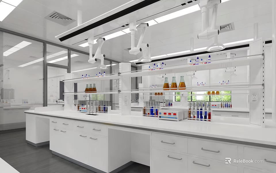 Modern Laboratory Interior With White Workbenches Cabinets And Chemical Reagents 3d model 