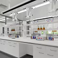Modern Laboratory Interior With White Workbenches Cabinets And Chemical Reagents
