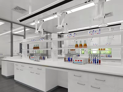 Modern Laboratory Interior With White Workbenches Cabinets And Chemical Reagents 3d model