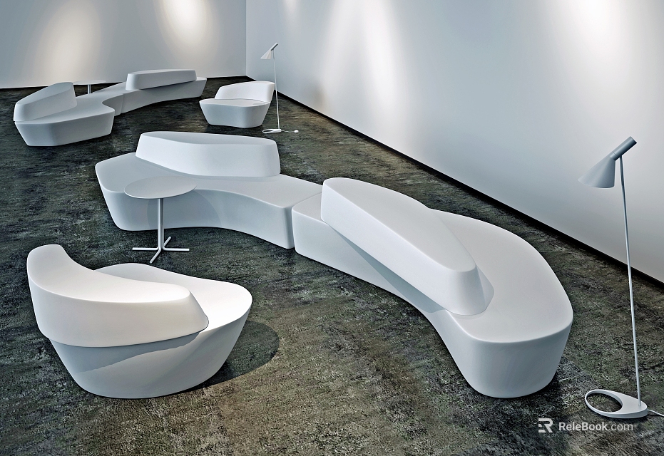Modern Curved White Public Seating With Smooth Continuous Design In Indoor Space 3d model 