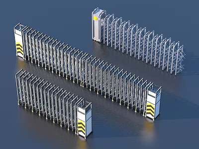 Multiple Retractable Metal Security Gates With Warning Stripes For Entrance 3d model