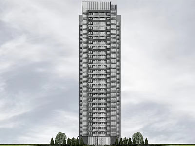 Modern Tall Building Exterior With Glass Windows And Green Trees Under Cloudy Sky 3d model