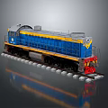 Blue and Yellow Train Model Featuring Detailed Wheels and Railings Design