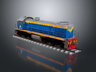 Blue and Yellow Train Model Featuring Detailed Wheels and Railings Design 3d model