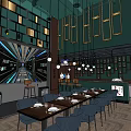 Modern Bar Interior Design With Green Walls Hanging Lights Decorative Frames And Dining Tables 3d model
