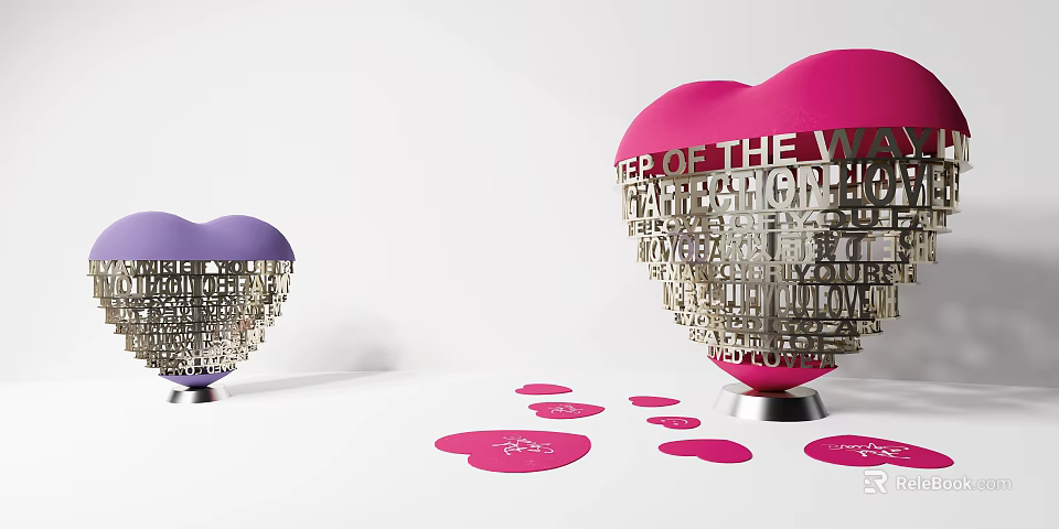 Pink And Purple Heart Shaped Sculptures With Intricate Word Carvings And Scattered Heart Cards 3d model 