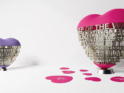 Pink And Purple Heart Shaped Sculptures With Intricate Word Carvings And Scattered Heart Cards 3d model