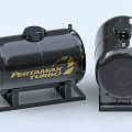 Heavy Duty Black Industrial Storage Tanks With Golden PERTAMAX TURBO Logo On Metal Stands