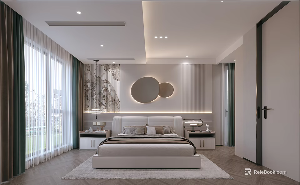 Modern Bedroom Interior With White Bed Circular Decor Nightstands Green Accents Curtains And Wooden Floors 3d model 