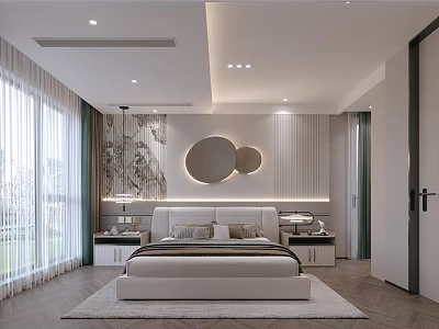 Modern Bedroom Interior With White Bed Circular Decor Nightstands Green Accents Curtains And Wooden Floors 3d model