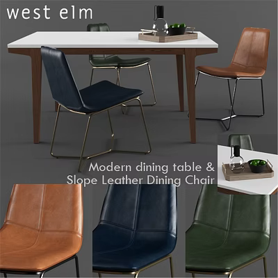 Modern Dining Table With Slope Leather Dining Chairs And Metal Legs 3d model