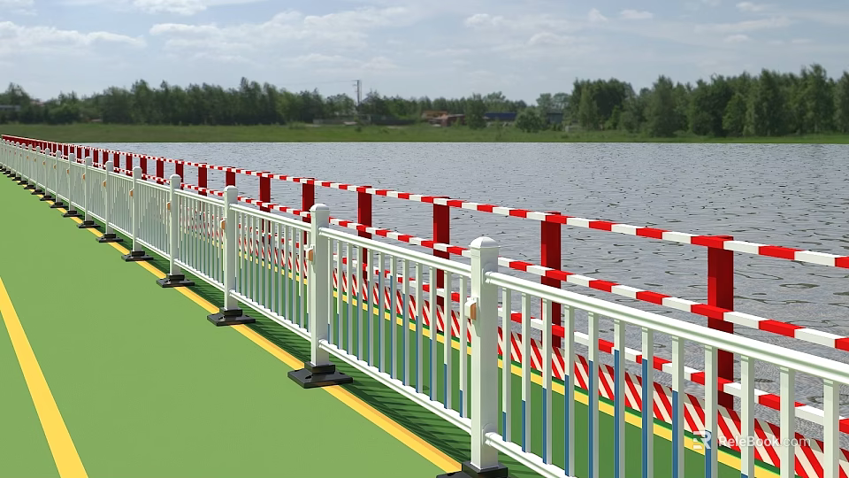 Red and White Striped Fence Along River Bank With Green Ground and Trees 3d model 