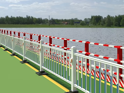 Red and White Striped Fence Along River Bank With Green Ground and Trees 3d model