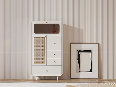 Modern White Entryway Side Cabinet With Drawers Grille Panel And Framed Art On Striped Wall 3d model