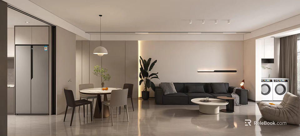 Soft Neutral Tone Modern Living Room With Integrated Dining Area And Cozy Ambient Lighting Design 3d model 