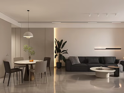 Soft Neutral Tone Modern Living Room With Integrated Dining Area And Cozy Ambient Lighting Design 3d model