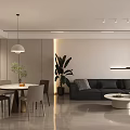 Soft Neutral Tone Modern Living Room With Integrated Dining Area And Cozy Ambient Lighting Design