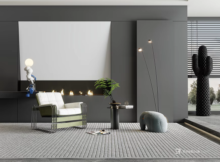 Gray Interior Single Sofa with White Cushion Metal Frame Side Table Green Plant and Rug 3d model 