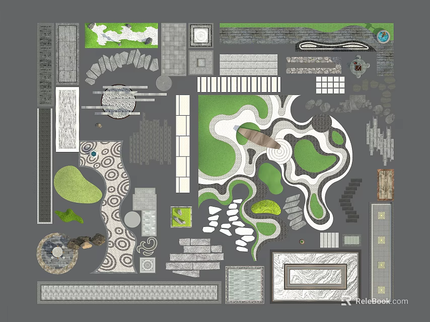 Garden Ornaments Design With Diverse Paving Patterns Green Areas Paths And Stone Features 3d model 