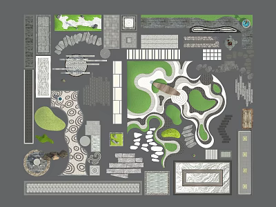 Garden Ornaments Design With Diverse Paving Patterns Green Areas Paths And Stone Features 3d model