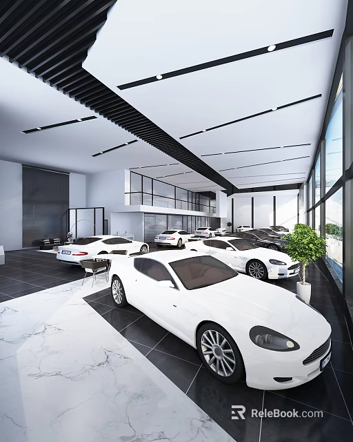 Modern Auto Showroom Interior With White Cars Large Windows And Marble Flooring 3d model 
