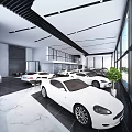 Modern Auto Showroom Interior With White Cars Large Windows And Marble Flooring
