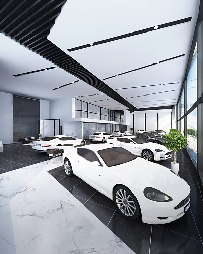 Modern Auto Showroom Interior With White Cars Large Windows And Marble Flooring 3d model