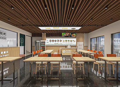Modern snack bar, fast food restaurant, gourmet street, canteen stall, cashier, small shop, restaurant, dining table and chairs 3d model