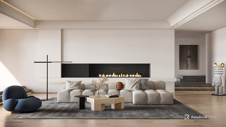 Modern Living Room Interior Design With White Walls Fireplace Beige Sofa And Coffee Table 3d model 