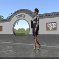 Traditional Chinese Archway With Enclosure Wall Lattice Windows Green Plants Stone Path and Woman