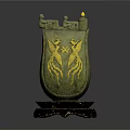 Ancient Decorative Shield Weapon With Golden Winged Creature Design And Black Wooden Base