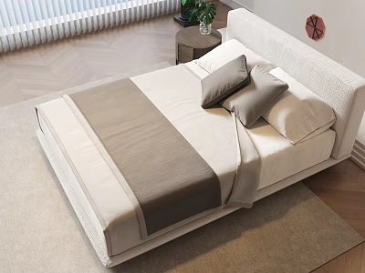 Light Colored Double Bed With White Sheets Gray Pillows Bedside Table Plant Wooden Floor 3d model