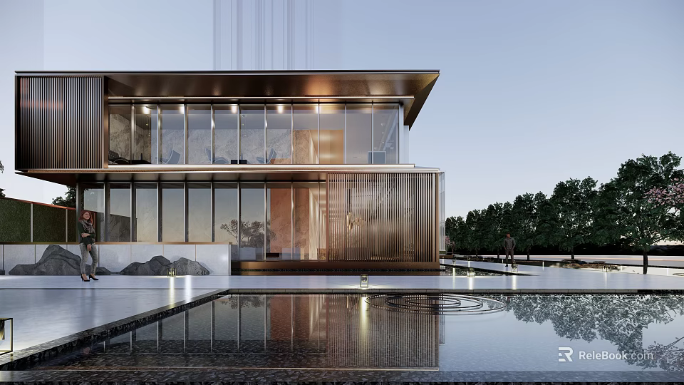 Modern Sales Office Building With Glass Facade And Reflection Pool In Landscaped Surroundings 3d model