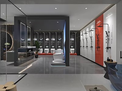Modern Bathroom Showroom Interior Design With Sanitary Ware Toilets And Shower Heads 3d model