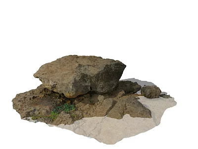 Natural Large Rock With Small Stones Dirt And Green Plants On Light Sandy Ground 3d model
