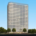 Modern High Rise Hotel Building With Glass Facade Green Trees And Blue Sky