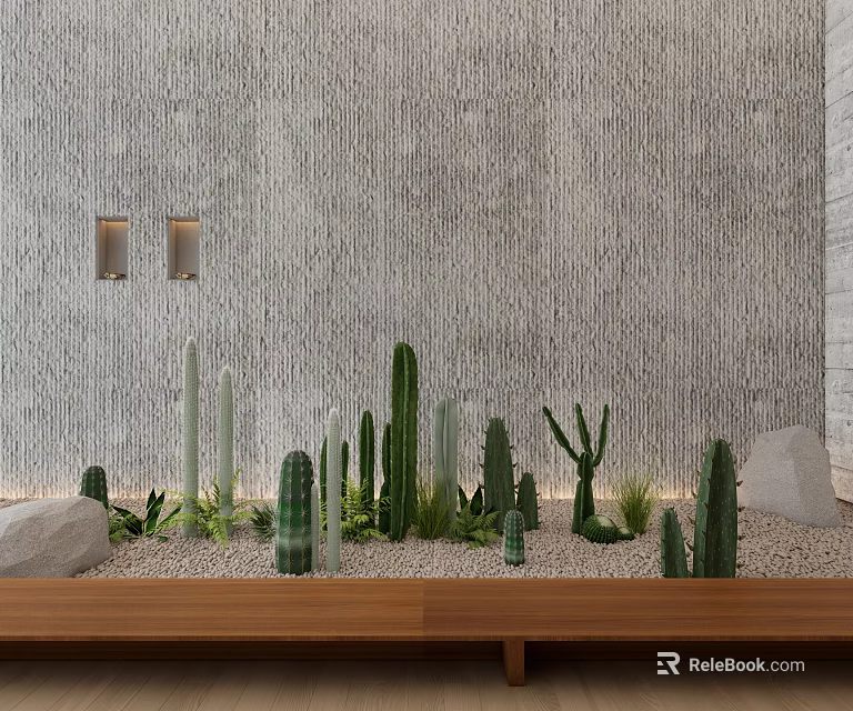 Cactus Bonsai Potted Plants With Gravel Stones On Wooden Shelf And Gray Wall 3d model 
