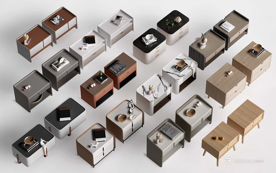 Modern Stylish Bedside Tables With Various Designs Materials And Colors 3d model