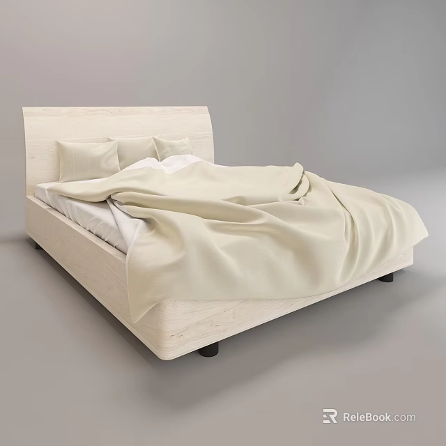 Light Colored Double Bed With Wooden Headboard Two Pillows And Neatly Spread Bedspread 3d model 