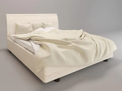 Light Colored Double Bed With Wooden Headboard Two Pillows And Neatly Spread Bedspread 3d model