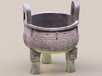 Decorative Ornament Set with Bronze Cauldron Design Double Handles Three Legs and Intricate Carved Patterns 3d model