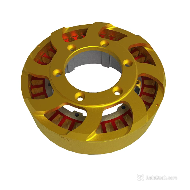Golden Circular Mechanical Part With Red Structures And Multiple Holes 3d model