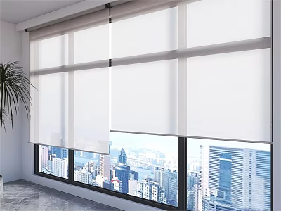 White Roller Curtains For Window With Modern City Skyline View 3d model