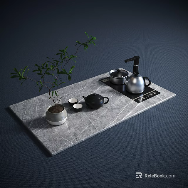 Modern Tea Set With Black Teapot Silver Kettle Small Cups Marble Tray And Green Plant 3d model 